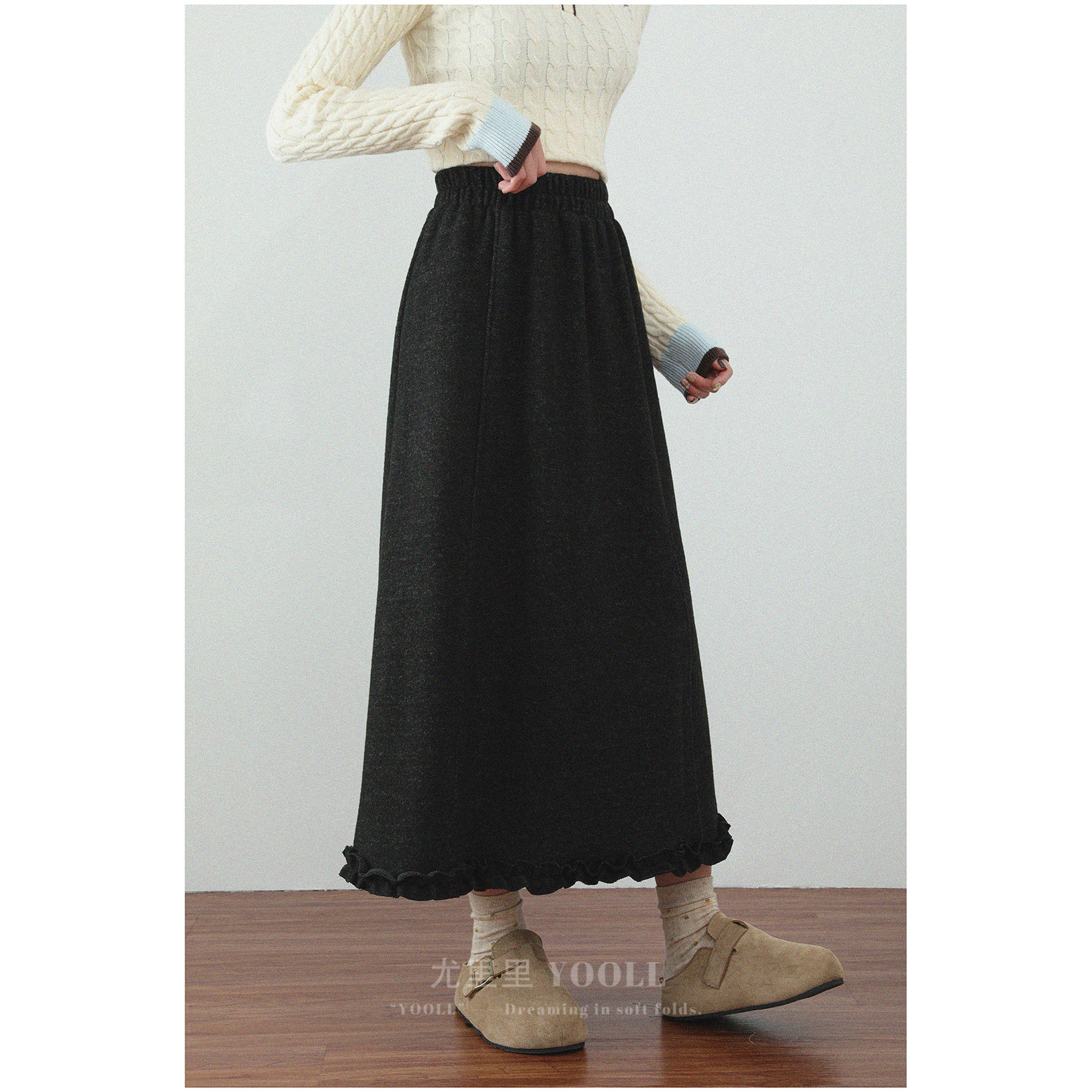 秋冬新款加绒加厚拼接木耳边半身裙女A字高腰显瘦松紧腰毛呢长裙,女装/女士精品,大码半身裙,淘宝优惠券,粉丝福利购,淘宝优惠卷