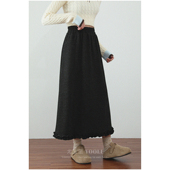 秋冬新款 加绒加厚拼接木耳边半身裙女A字高腰显瘦松紧腰毛呢长裙
