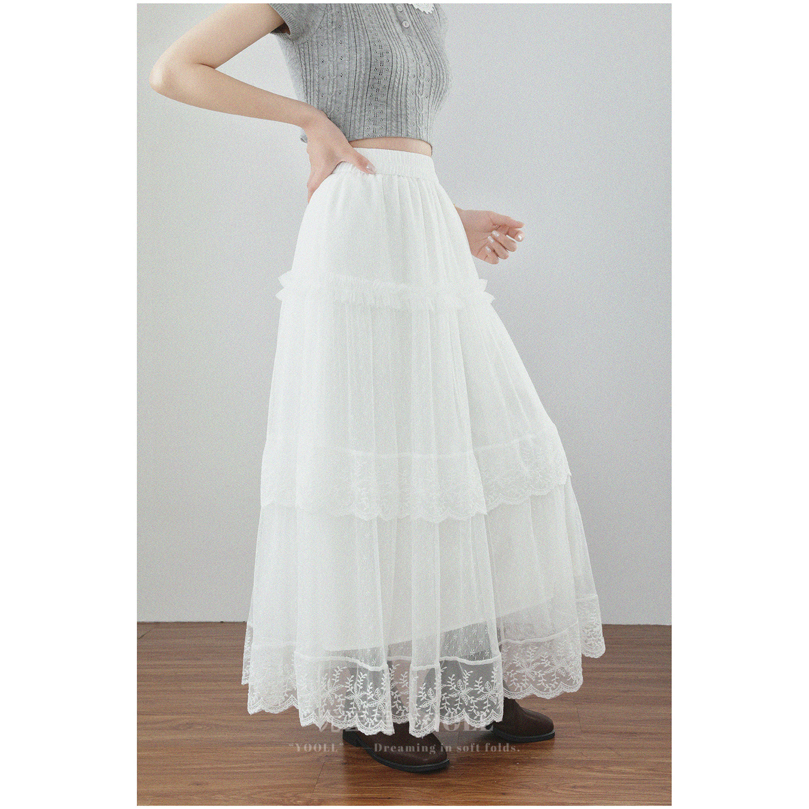 蕾丝花边拼接木耳边半身裙2026春夏季新款松紧腰高腰显瘦蛋糕裙女