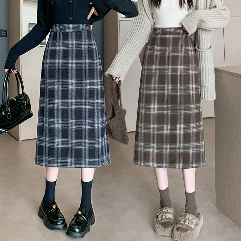 大码胖MM冬季新款韩版加厚保暖毛呢高腰长裙chi格子中长半身裙女