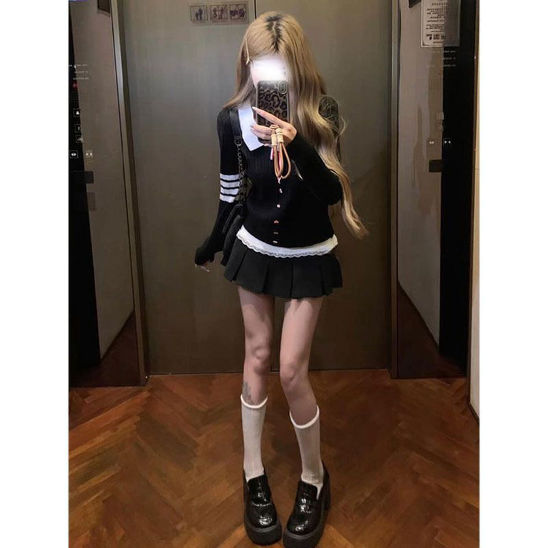 学院风娃娃领麻花内搭针织套头套装女秋冬高腰半身裙外搭毛衣外套