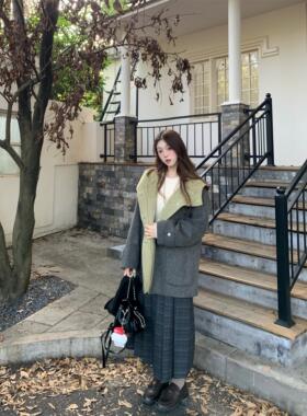 DOMX秋冬新款格纹覆古高腰a字裙灰色长裙秋冬百褶裙半身裙女加厚