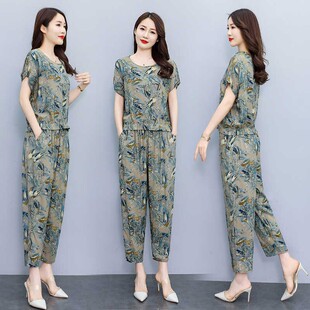 棉绸套装女民族风中年妈妈夏装短袖广场舞阔腿裤印花两件套潮常规
