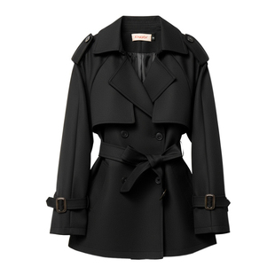 黑色经典廓形翻领收腰短款风衣女2026春秋新款小个子高级感外套女