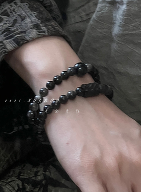 【积雨云】寻宝手作原创设计天然银曜石黑檀水晶男女双圈文玩手串