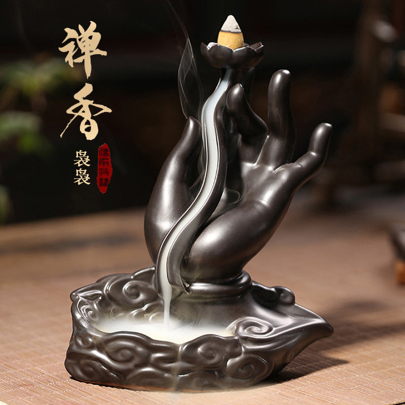 复古莲花佛手陶瓷倒流香炉沉香檀香熏香室内家用茶道禅意招财摆件