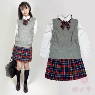 清货日系校服套装 裙领花COS表演班服通勤4件套 JK制服浅灰背心衬衫