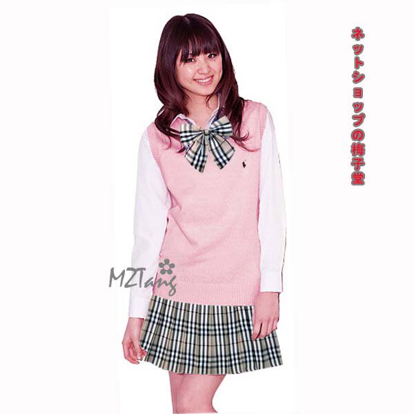 梅子堂 日韓校服 背心衬衫格裙领花四件套班服合唱表演