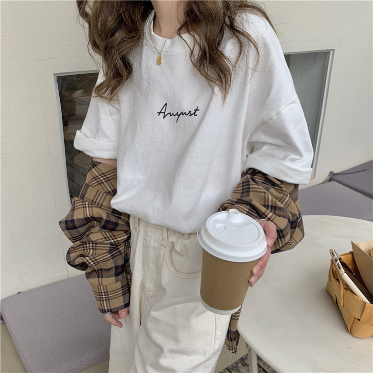 Cotton Korean version new letter printing loose medium length lazy BF white short sleeve T-shirt