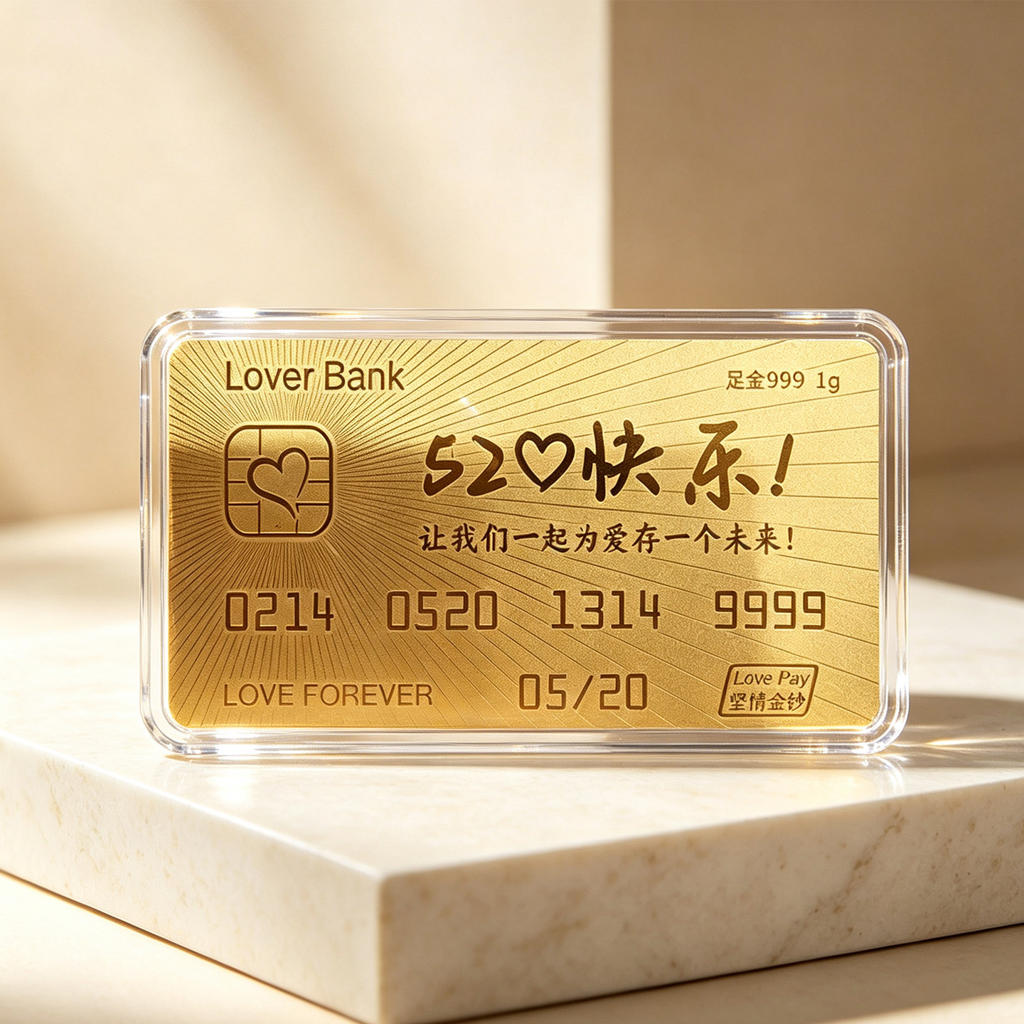 雄耀珠宝足金999黄金520快乐金钞金片金牌七夕情人节送女朋友礼物