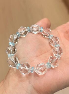 天然白水晶海蓝宝手链女款单圈手串饰品礼物送女友闺蜜