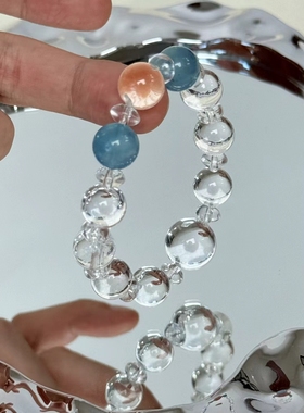 天然白水晶海蓝宝手链女款单圈时尚饰品礼物送女友闺蜜生日礼物