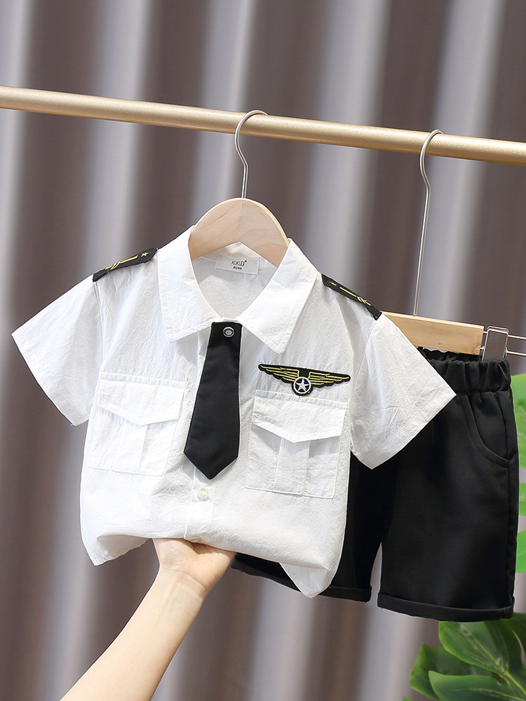 童装男童夏季套装中小儿童夏装短袖衬衫两件套洋气宝宝海军制服潮