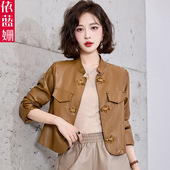 上衣 复古盘扣西装 新中式 国风皮衣外套女春秋小个子气质设计感短款