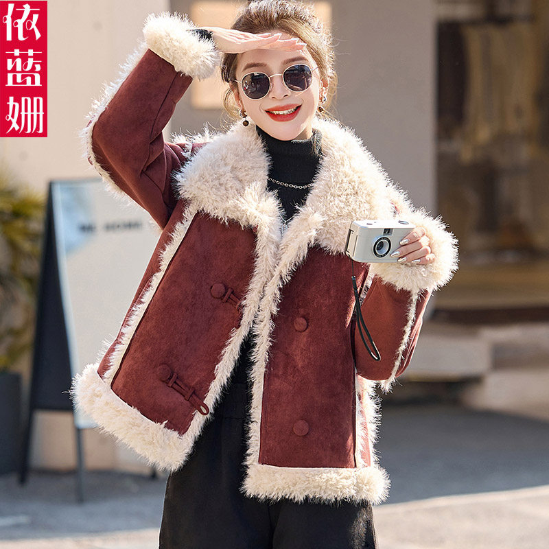 羊羔毛拼接皮毛一体外套女2024新款冬季洋气加厚仿鹿皮绒短款棉服