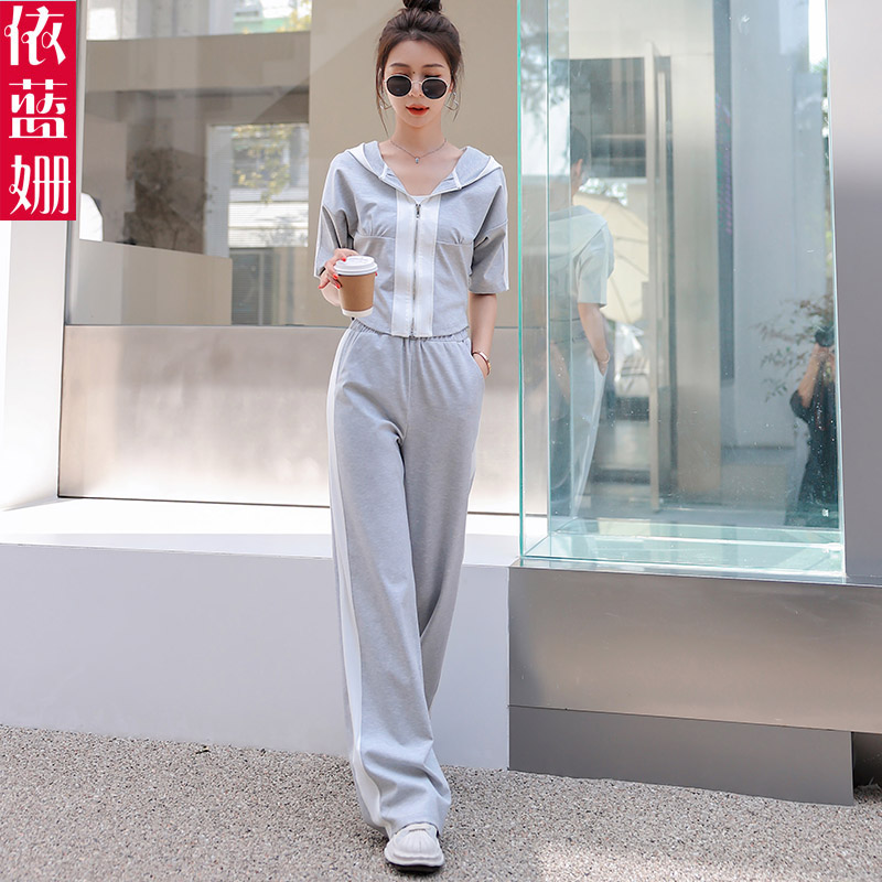 欧洲站2022新款时尚休闲卫衣套装女夏阔腿裤运动两件套高端小个子
