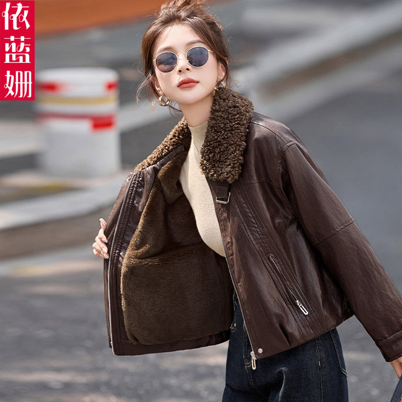 羊羔毛领拼接皮衣女短款2025冬季新款宽松显瘦加绒加厚皮夹克外套
