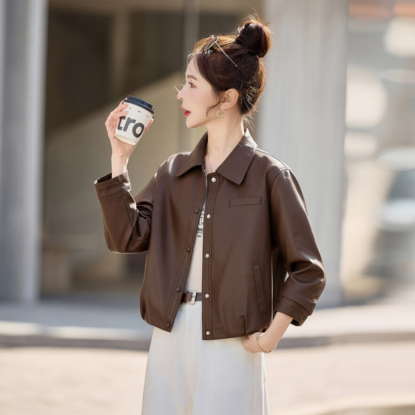 皮衣短外套女2026年春装新款宽松显瘦小个子短款休闲翻领PU皮夹克,女装/女士精品,短外套,淘宝优惠券,粉丝福利购,淘宝优惠卷