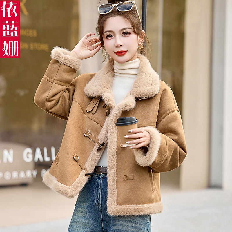 羊羔毛皮毛一体外套女冬季2024新款加绒加厚鹿皮绒机车棉服小个子