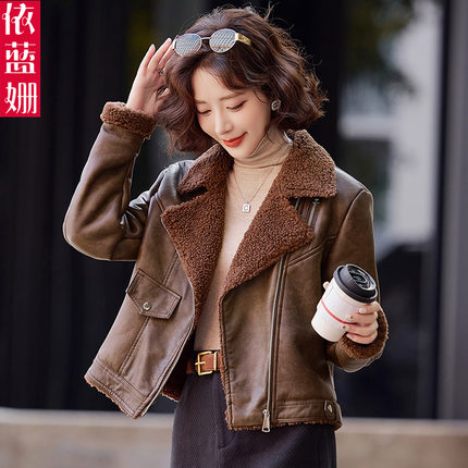 加绒加厚皮衣外套女短款2024冬季新款气质高级感小个子机车皮夹克