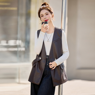 港风皮马甲背心外套女2026年新款早春pu皮时尚机车无袖马夹中长款