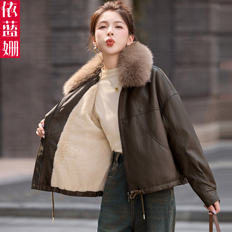 大毛领加绒皮衣外套女2025冬季新款时尚洋气小个子加厚保暖皮夹克