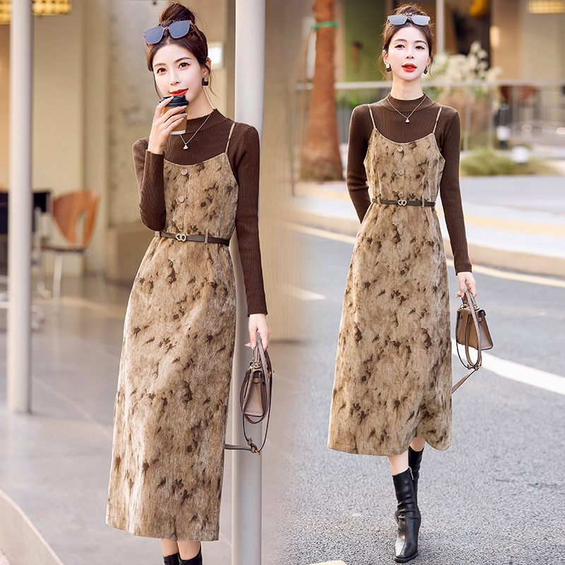 法式复古洋气吊带连衣裙两件套女