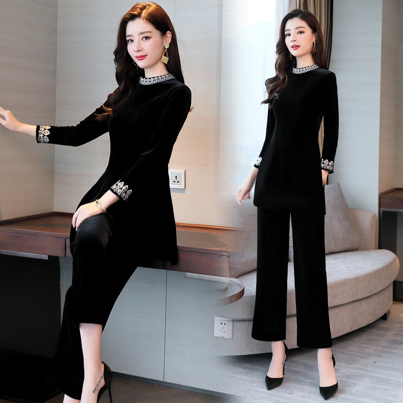 2020春秋新款女装复古阔腿裤套装时尚气质韩版中国民族风两件套潮