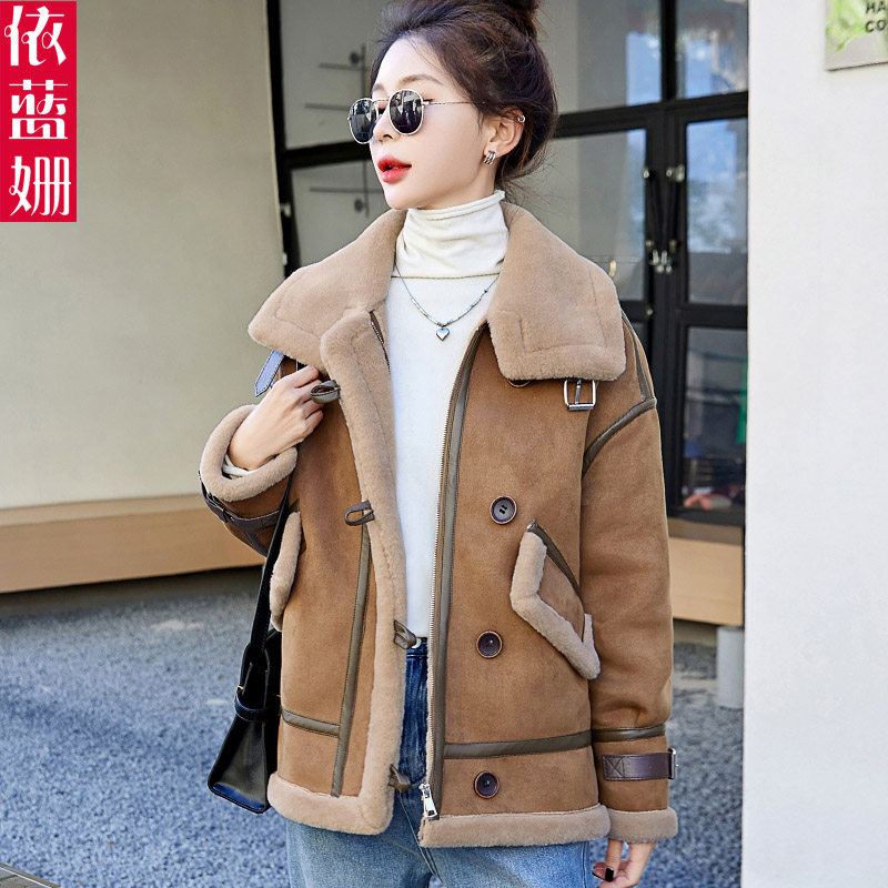 羊羔毛拼接机车服女冬2024新款小个子皮毛一体鹿皮绒休闲加厚外套