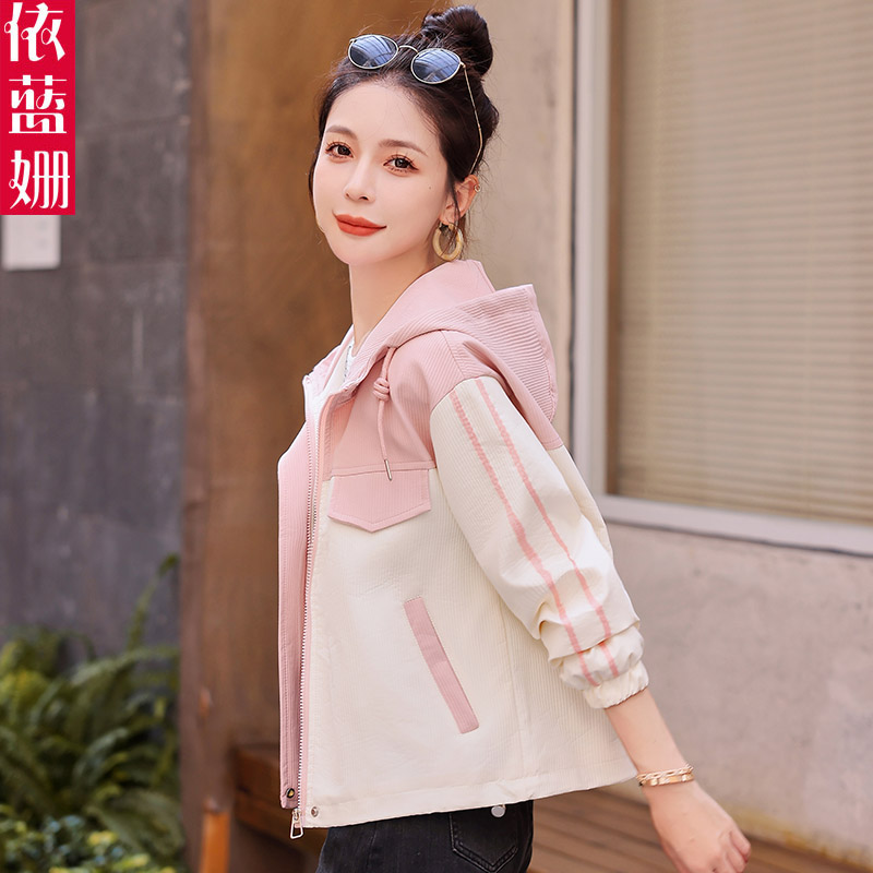 撞色连帽休闲夹克风衣女2025春秋新款宽松减龄小个子棒球服短外套