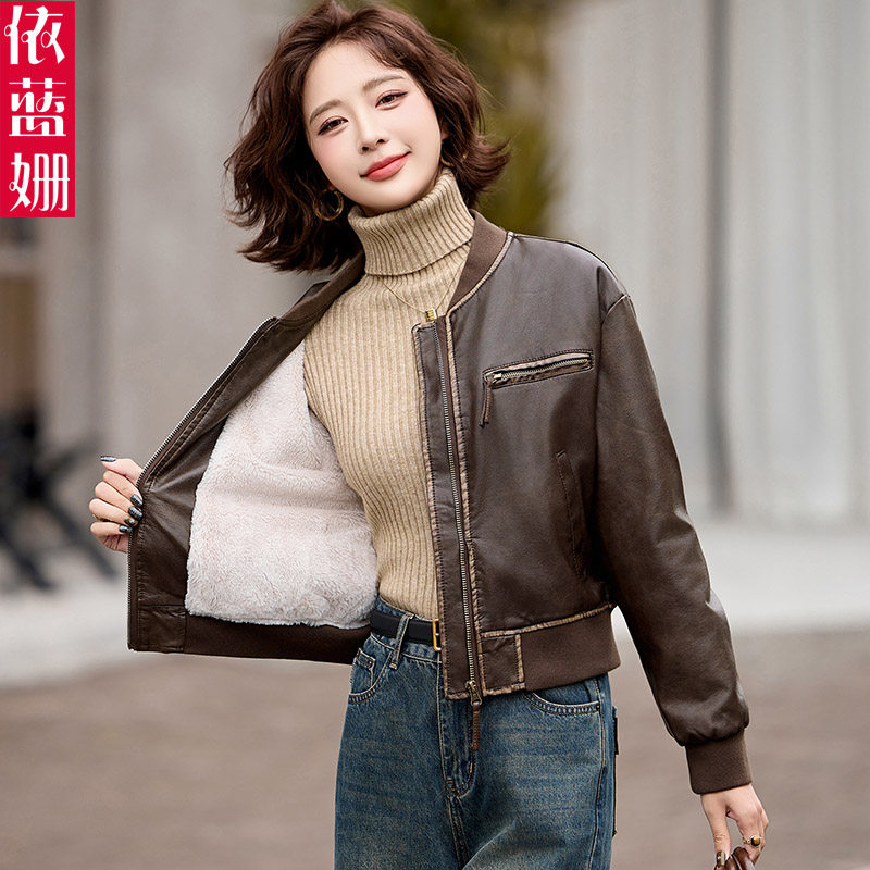 冬季时髦洋气加绒皮衣短外套女2024新款小个子加厚机车皮夹克棉服