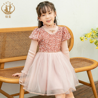 妞宝秋冬季拼接毛衣气质连衣裙