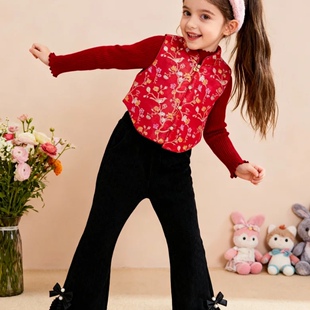 新中式秋冬汉服女童年服马甲盘扣喇叭裤新年过年拜年服套装中国风