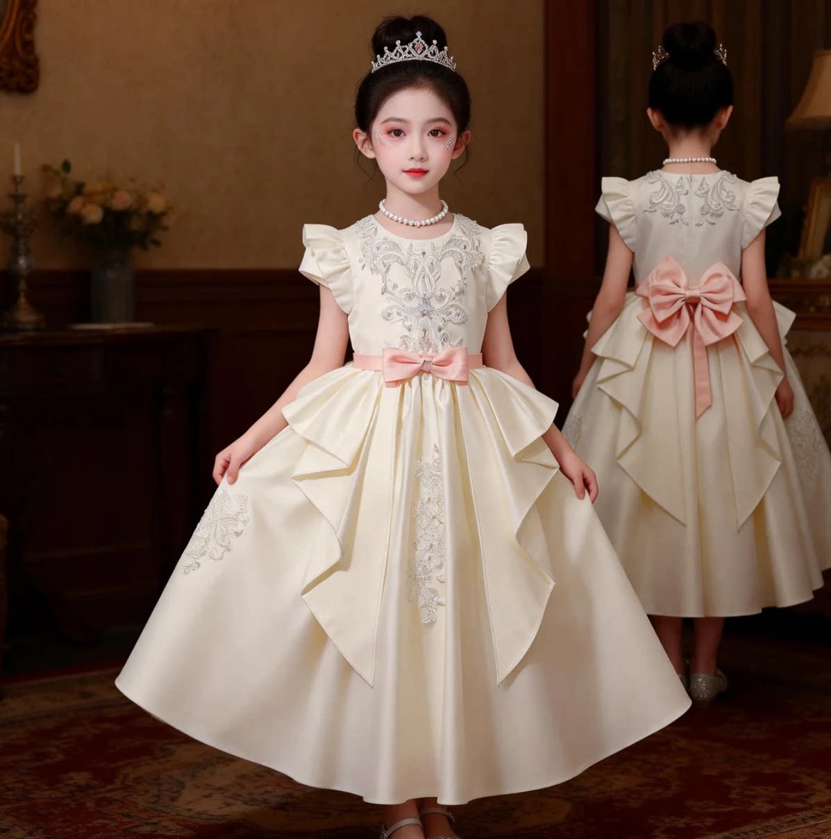 女童轻奢礼服裙「全身缎布」晚礼服小女孩公主裙生日宴主持演出服