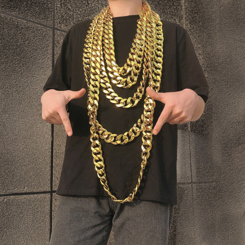 嘻哈仿真大金链子男粗道具塑料网红社会人超夸张金项链大假金土豪