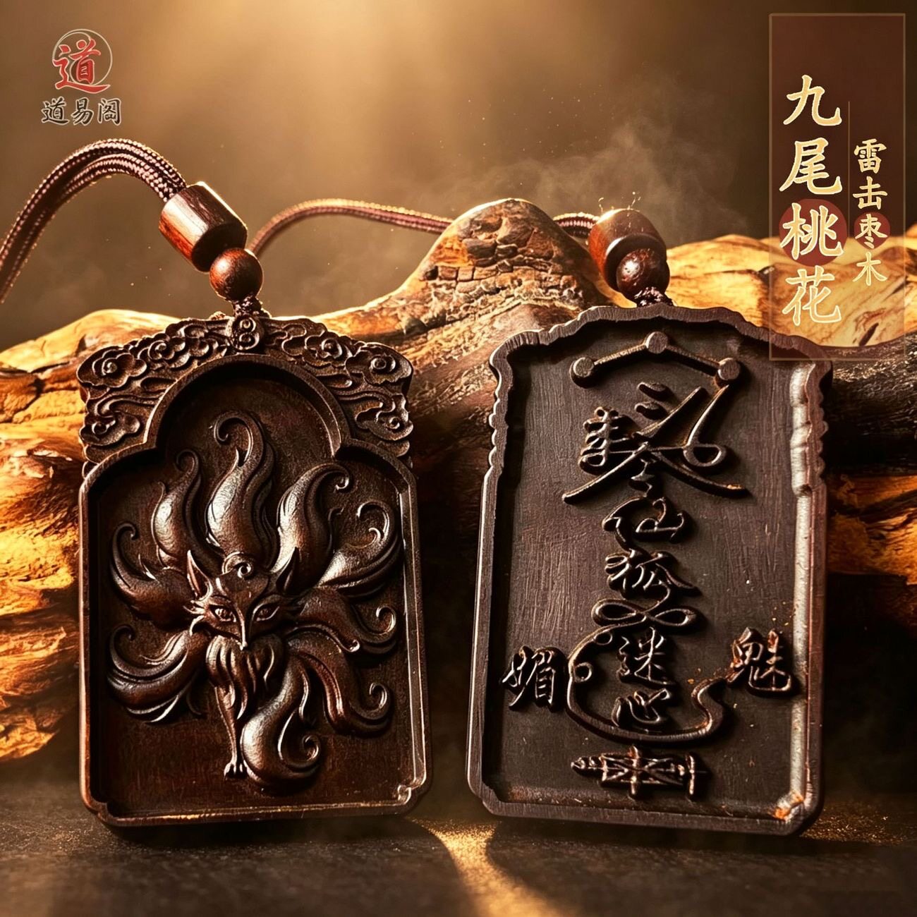 龙虎山上清天师府九尾狐吊坠桃枣木花木雕无事牌道家真品项链饰品