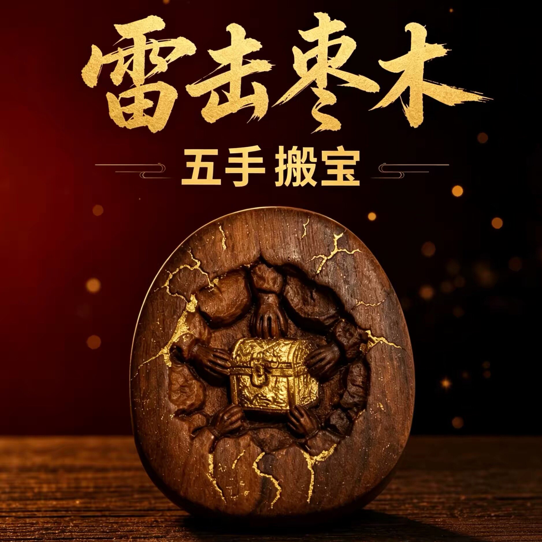【龙虎山直发】道家工艺雷击木五手搬宝雕刻圆牌手把件挂饰挂件