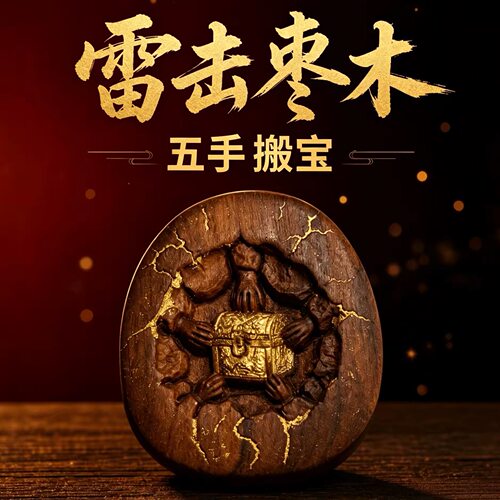 【龙虎山直发】道家工艺雷击木五手搬宝雕刻圆牌手把件挂饰挂件