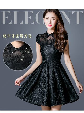 曼茵勒芬蕾丝连衣裙女中款2017夏季新款娃娃领短袖韩版修身显瘦裙