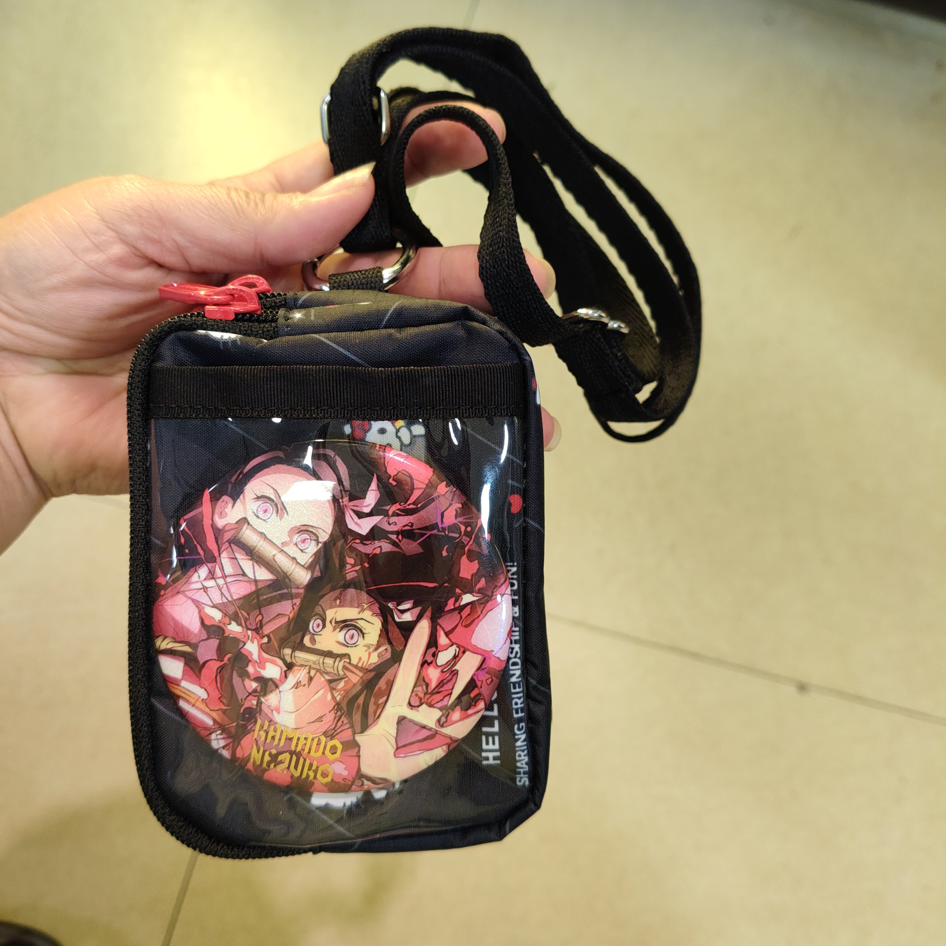 2黑色猫咪印花小方包 便携分层零钱袋学生儿童透明面斜挎小包