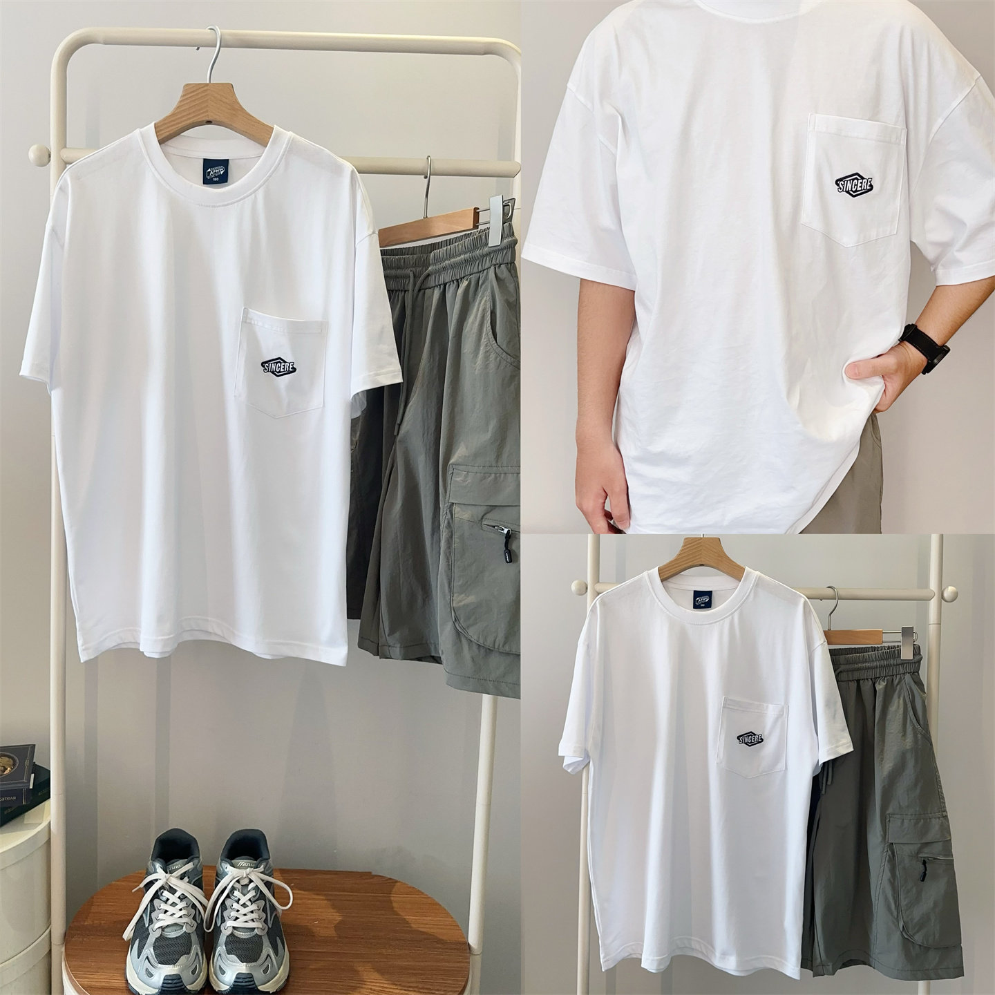 青少年白色基础款短袖T恤男大童纯棉口袋刺绣T恤初中生宽松半袖潮