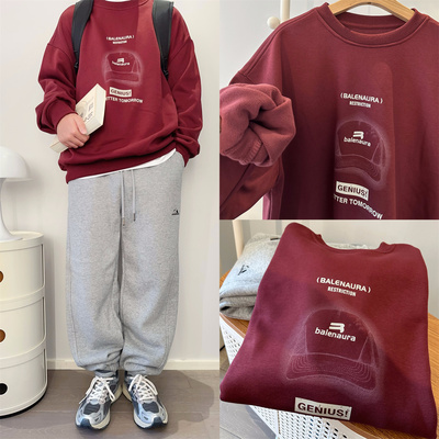 青少年红色加绒卫衣男大童冬装