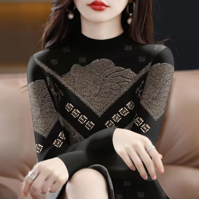 清仓捡漏~高档剪标女装2024新款秋季减龄长袖高领印花T恤女上衣潮