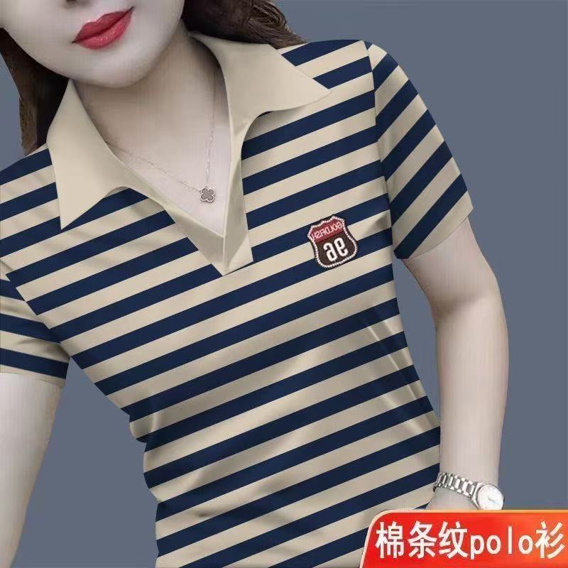 纯棉polo衫棉翻领条纹短袖t恤女装新款潮流撞色洋气休闲百搭上衣