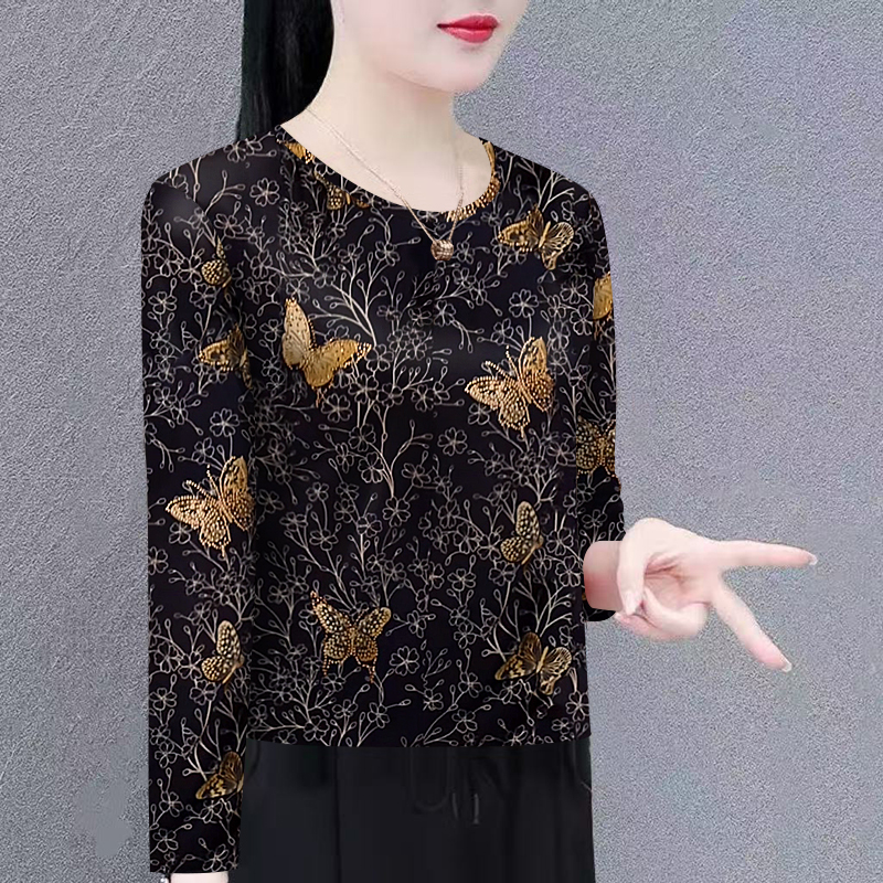 新品断码时尚中老年领长袖圆领T恤女2025春秋新款妈妈装遮肚洋气