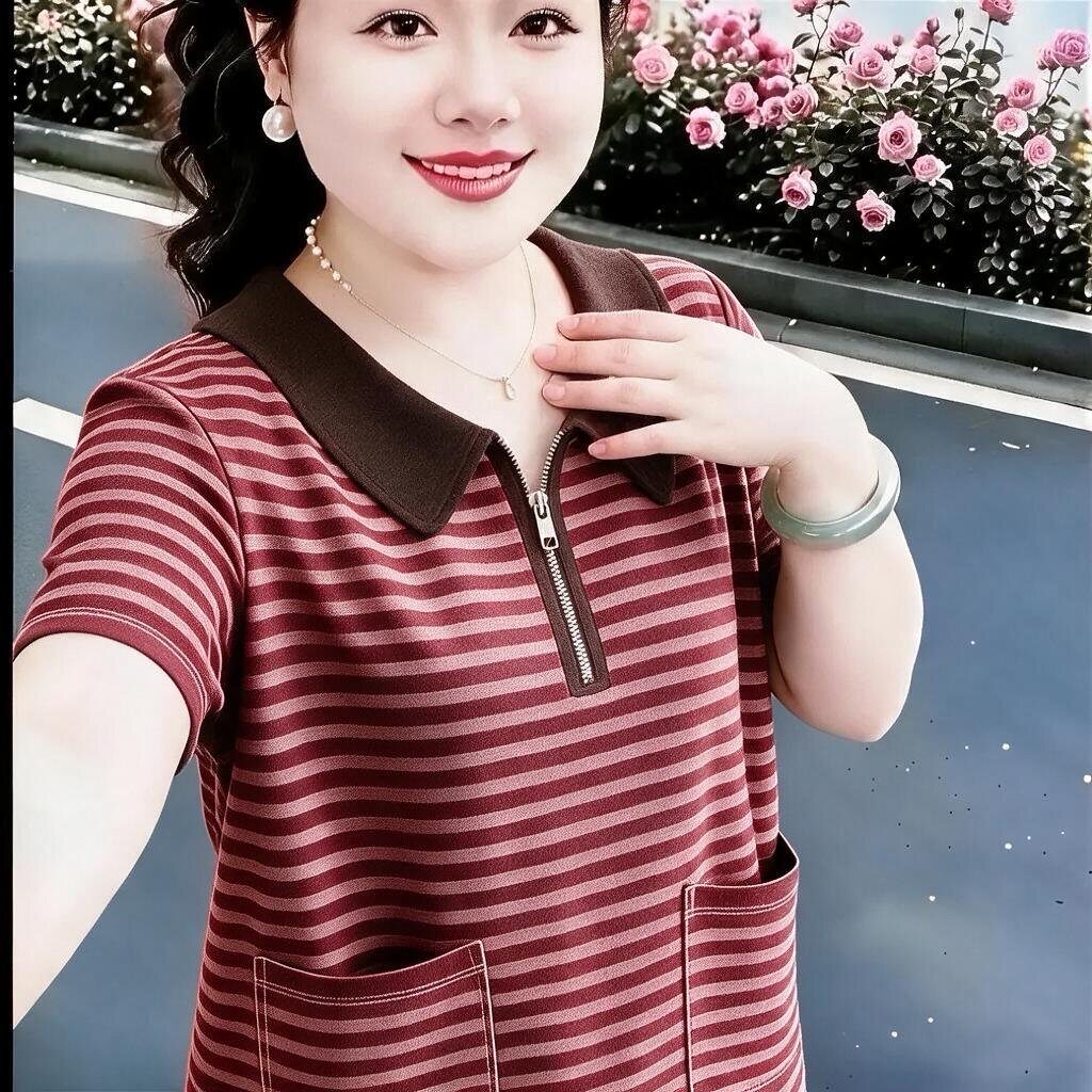 夏季新品短袖双口袋气质百搭休闲宽松高级感翻领条纹T恤妈妈上衣