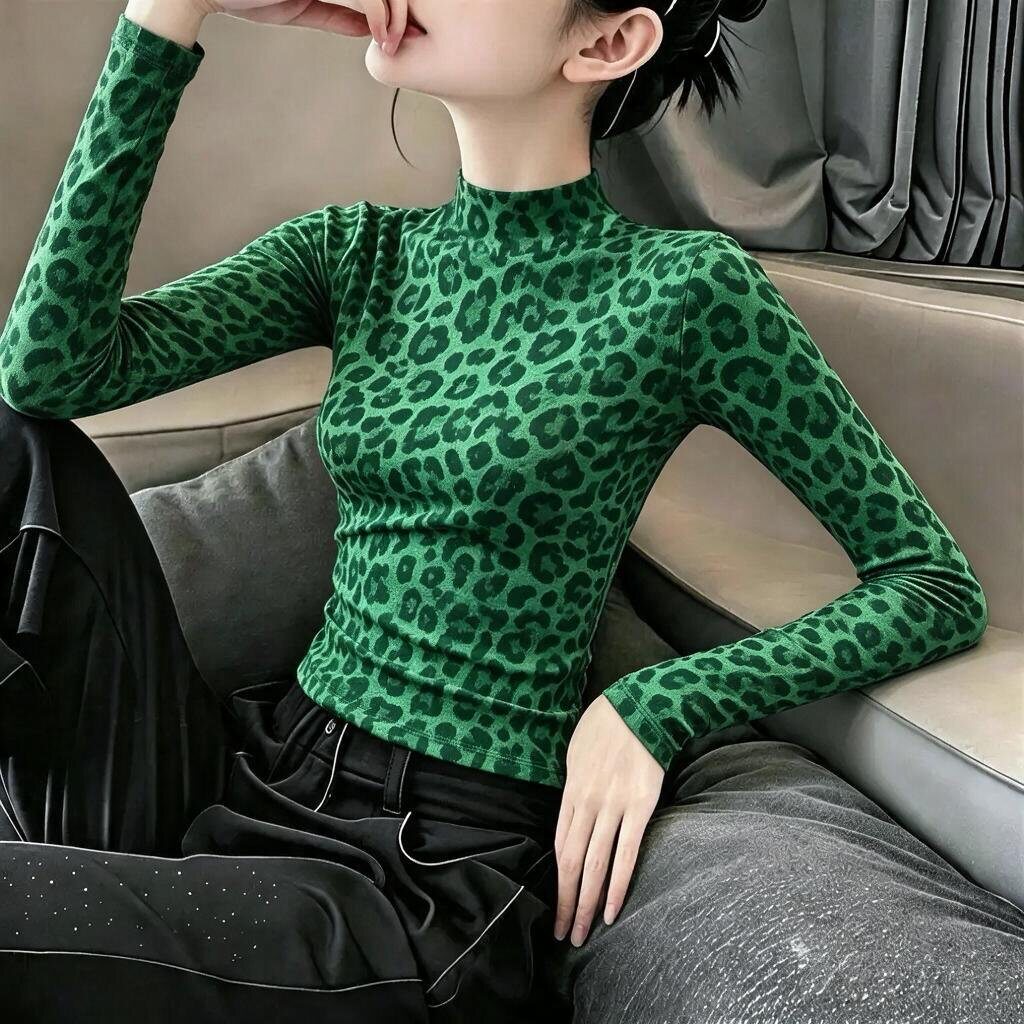 豹纹印花长袖t恤女秋冬季新款印花修身显瘦打底衫半高领上衣ins