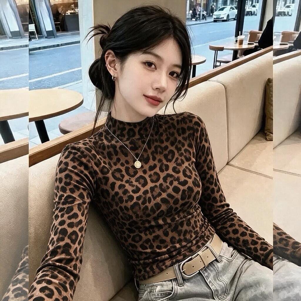 豹纹印花长袖t恤女秋冬季新款印花修身显瘦打底衫半高领上衣ins