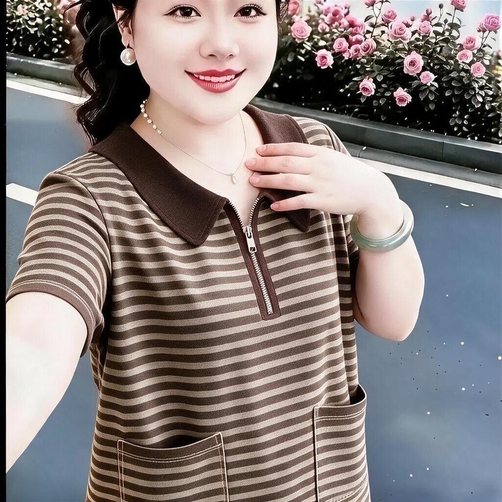 夏季新品短袖双口袋气质百搭休闲宽松高级感翻领条纹T恤妈妈上衣