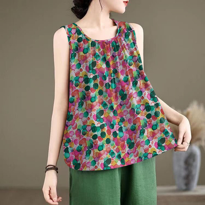 夏季时尚圆领A版百褶印花无袖背心女宽松百搭显瘦t恤吊带休闲上衣
